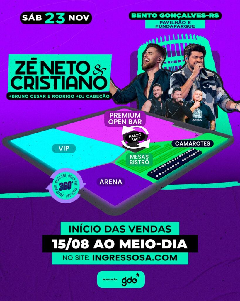 Abertas as vendas de ingressos para o show de Zé Neto e Cristiano em Bento Gonçalves