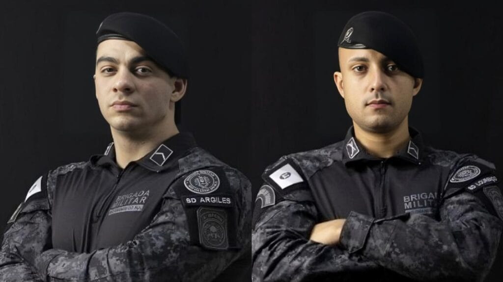 Os soldados Maximiliano da Silva Argiles 25 anos, e Anderson de Souza Lourenço 29 anos, ambos pertencentes ao 4° Batalhão de Polícia de Choque (BPChoque) da Brigada Militar. 