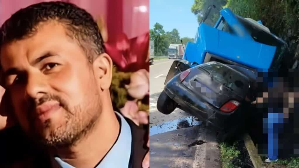 Álvaro Daniel Arbelo Benitez, de 45 anos, dirigia um Ford Ka que foi prensado por um caminhão carregado de asfalto.