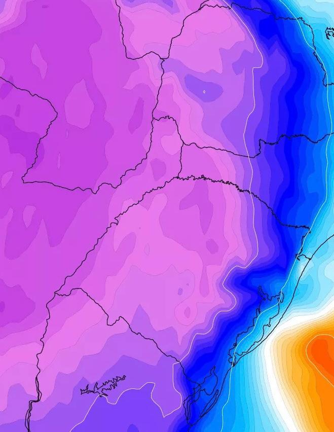 Mapa mostra o avanço do ar frio (área em rosa) sobre o Sul do Brasil no final da quarta-feira (28).