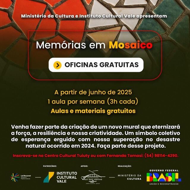 Oficinas gratuitas de mosaico recebem inscrições em Tuiuty para criação de mural artístico comunitário.