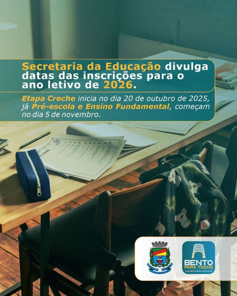 Secretaria de Educação de Bento Gonçalves divulga datas de inscrições para 2026.