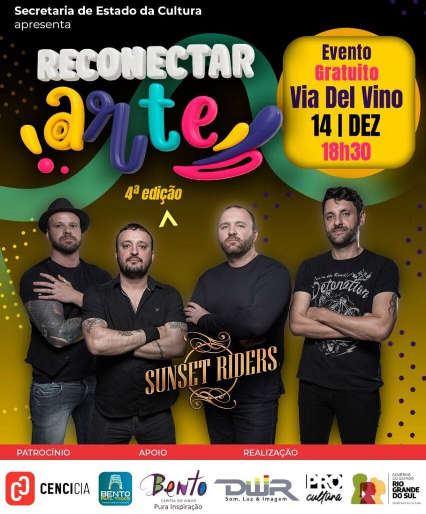 Banda Sunset Riders tem show gratuito em Bento Gonçalves.