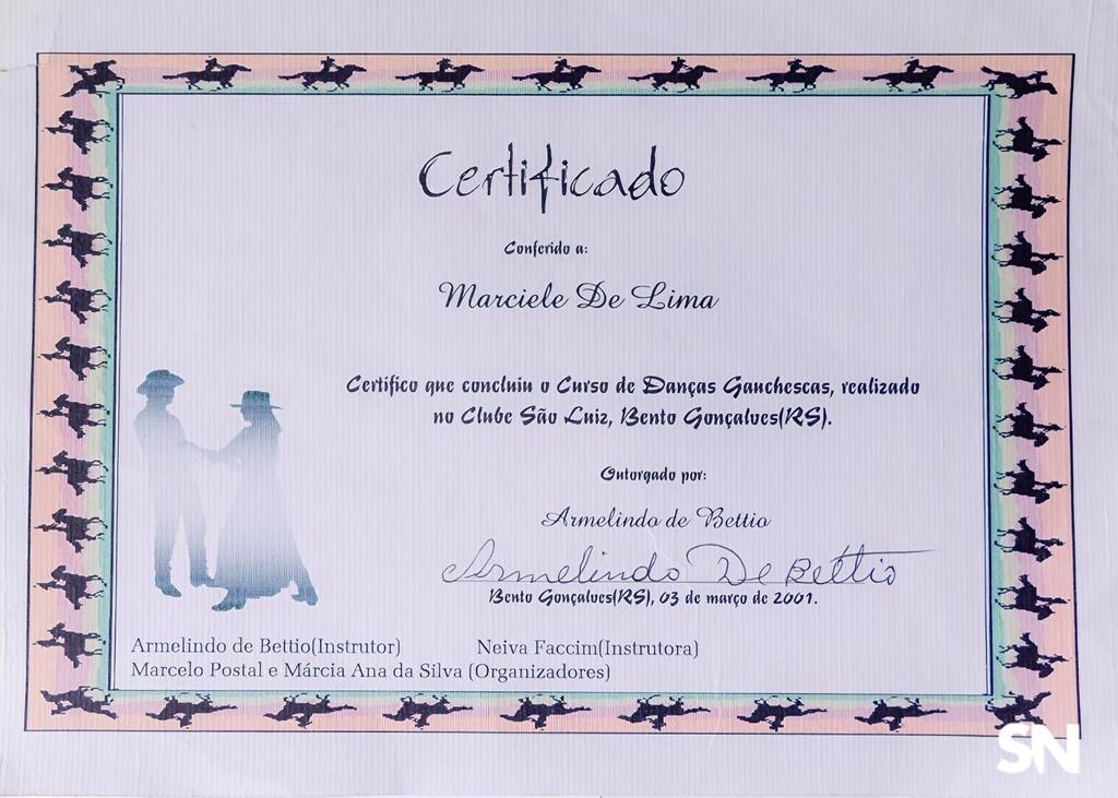 Certificado de conclusão de curso de dança, 2001. Acervo: Marciele de Lima Greselle.