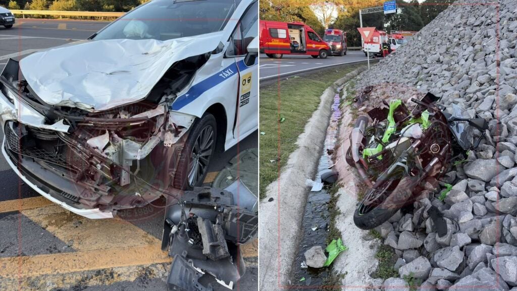 O acidente ocorreu no acesso ao Vale dos Vinhedos; ocupantes da motocicleta foram projetados por cerca de 20 metros com o impacto.