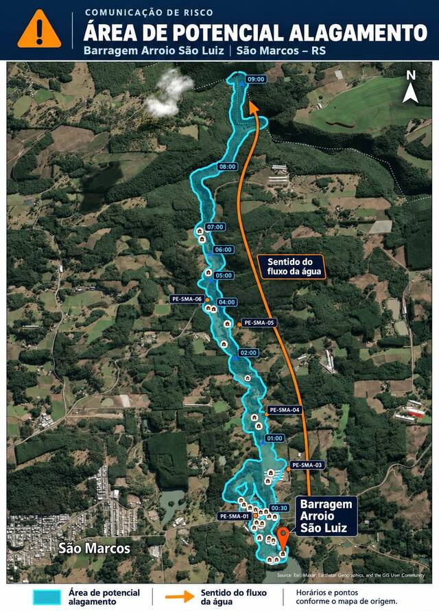 Mapa mostra a área de potencial alagamento em caso de rompimento da Barragem Arroio São Luiz.
