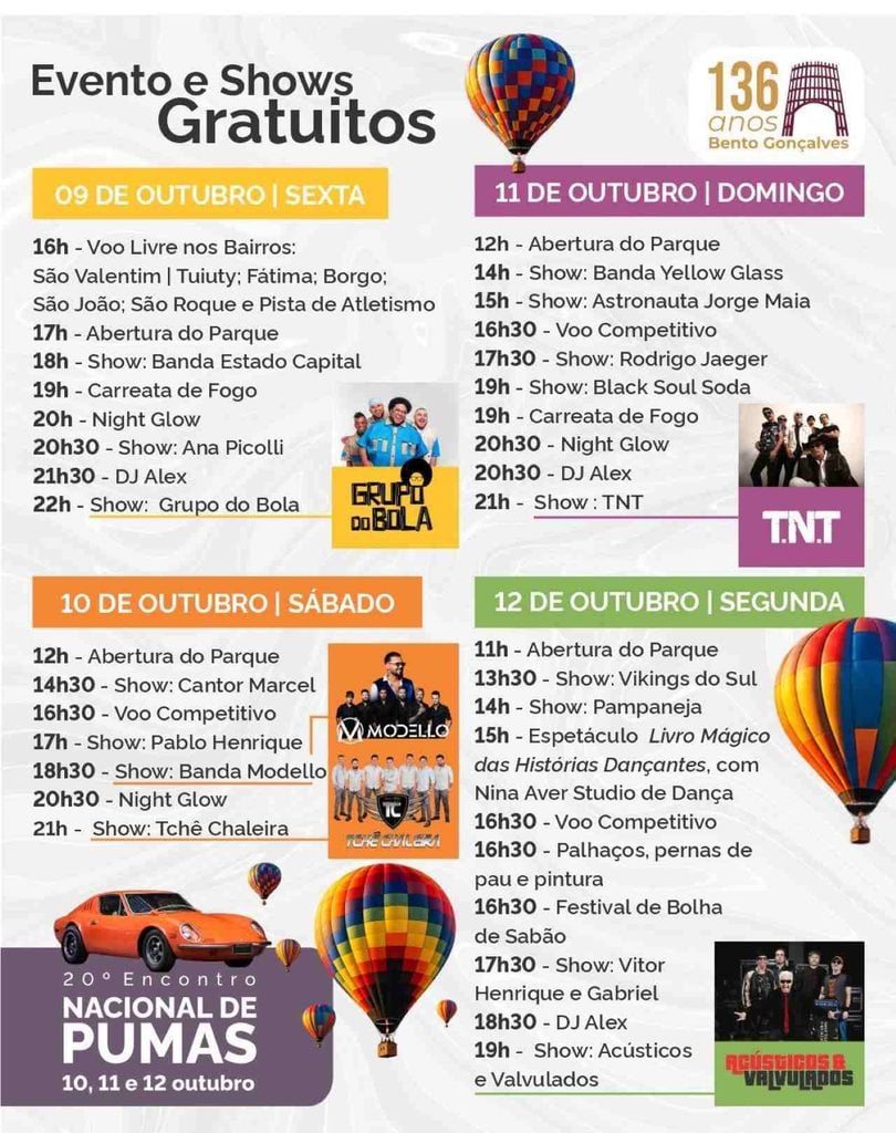 Programação do VIII Festival de Balonismo em Bento Gonçalves.