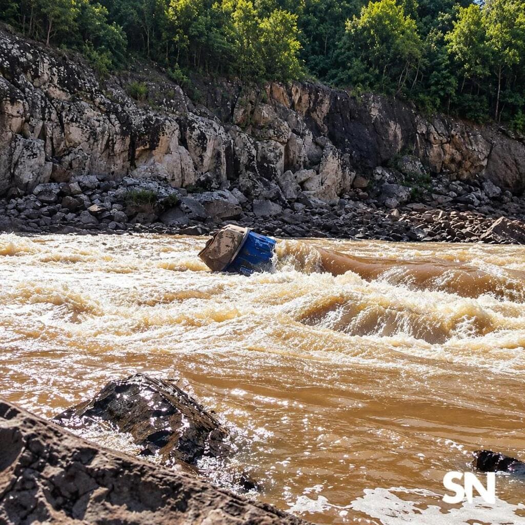 Caminhões são arrastados pelo Rio das Antas.