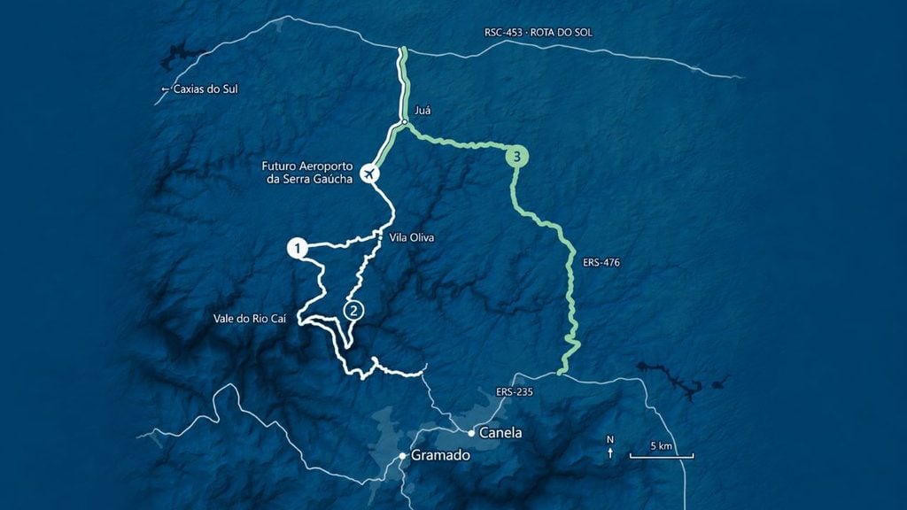 Estudo define traçado da ERS-466, que ligará a Rota do Sol ao futuro Aeroporto da Serra Gaúcha, Gramado e Canela. Projeto está estimado em R$ 288 milhões.