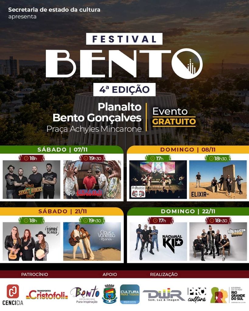 Festival Bento chega à 4ª edição com shows gratuitos em novembro.