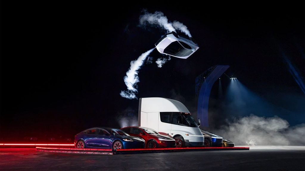 Tesla apresenta novo Roadster, carro voador que anda de ponta-cabeça, usa tecnologia da SpaceX e acelera de 0 a quase 100 km/h em 0,81 segundo.